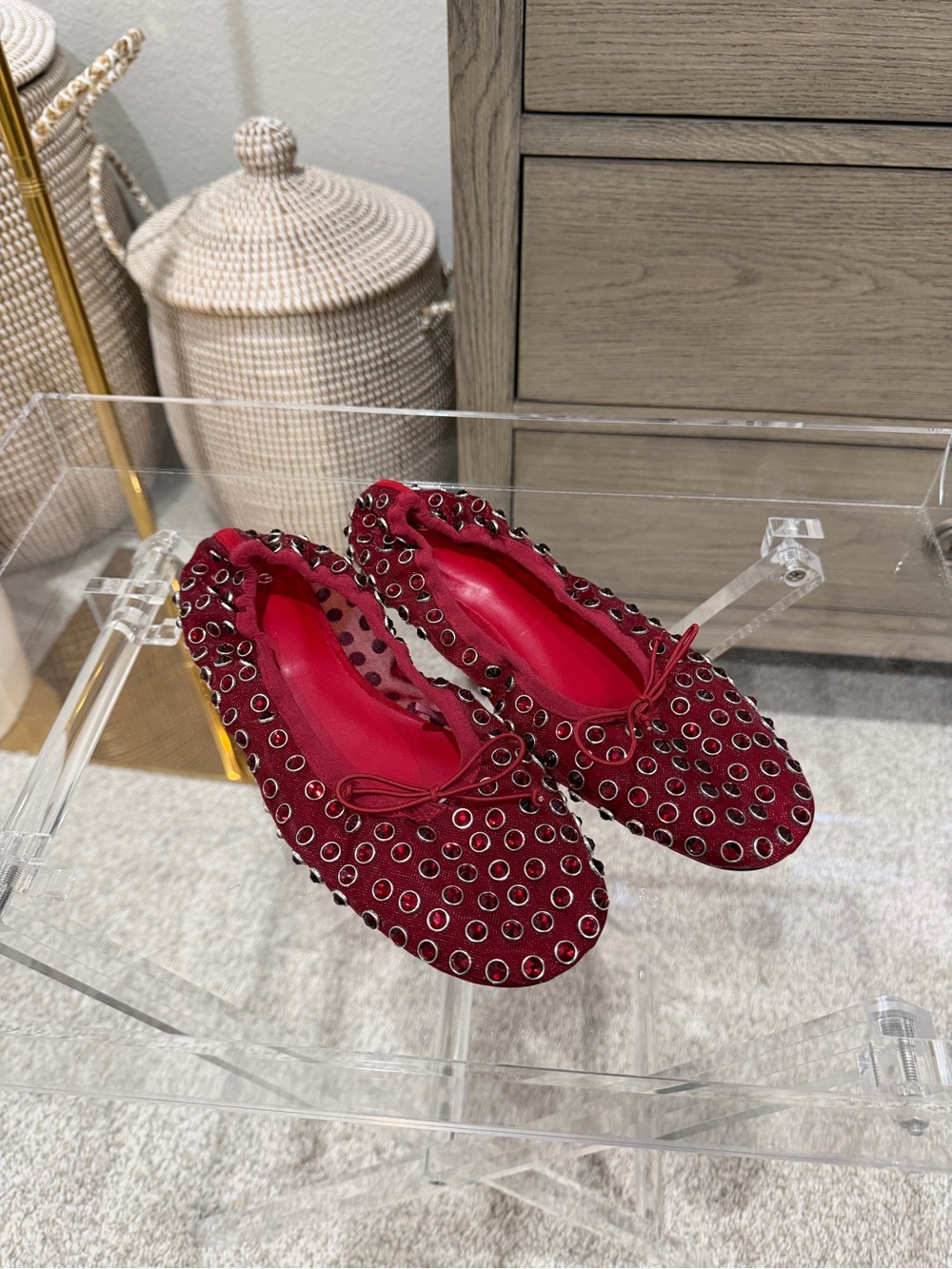 Mango Burgundy/Red Studded Ballerina Flats for Women